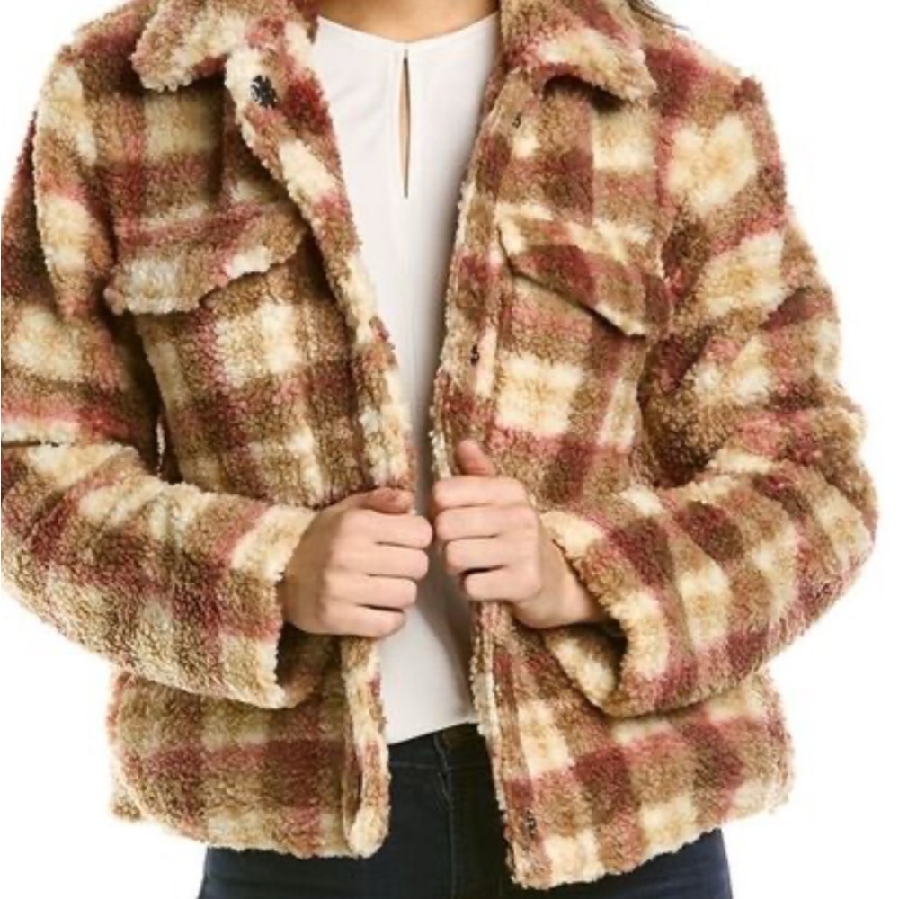 Avec Les Filles Cream and Brown Plaid Teddy Jacket - Picture 2 of 12